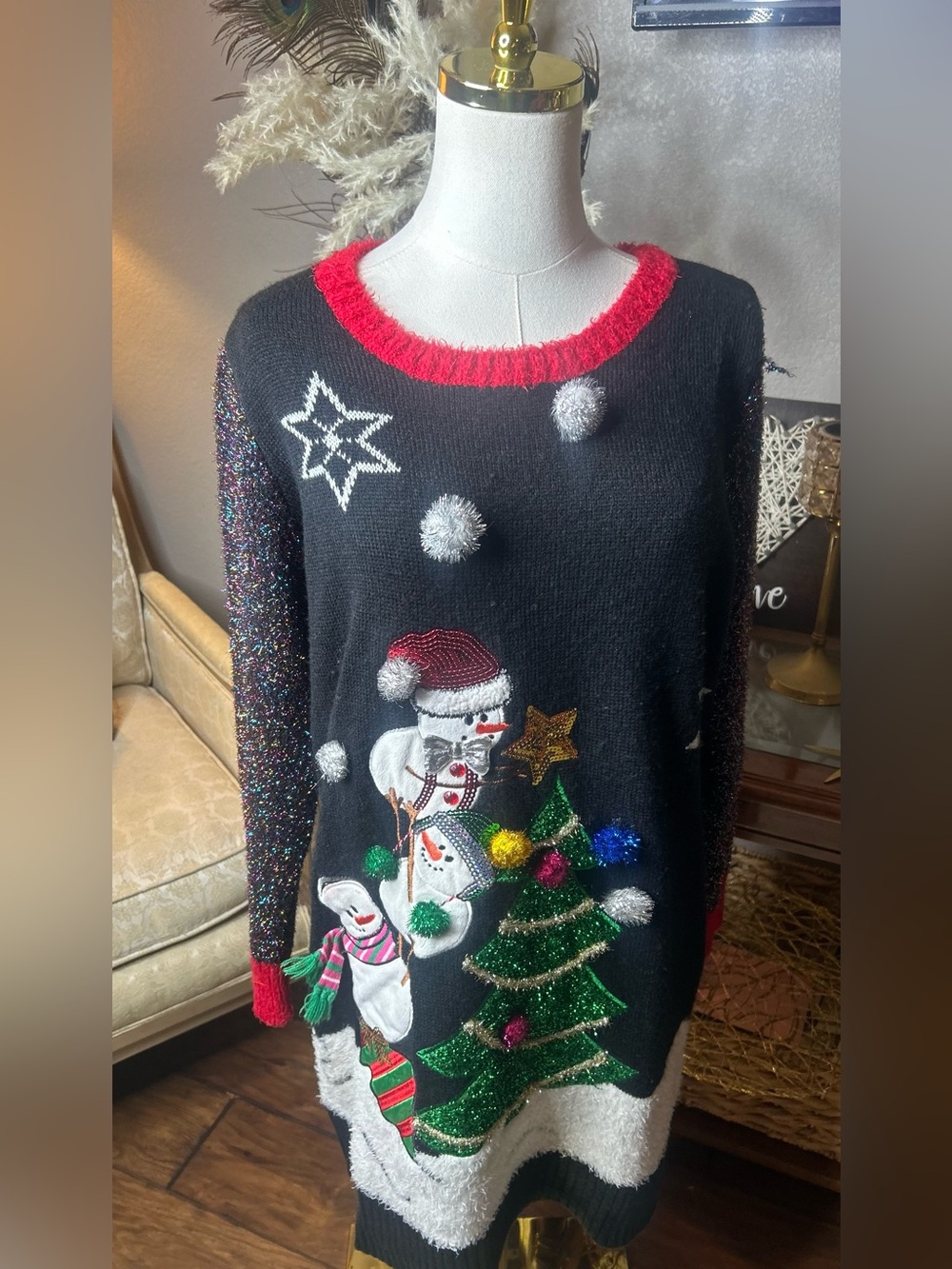 3D Snowman Christmas Sweater Tunic 3D Sequin by United States